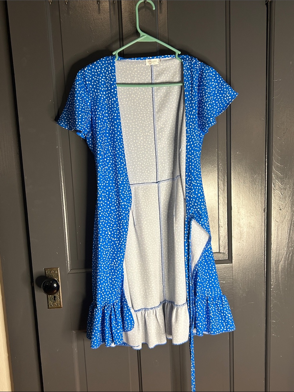 Blue Polka Dot Wrap Midi Dress with Ruffle Hem